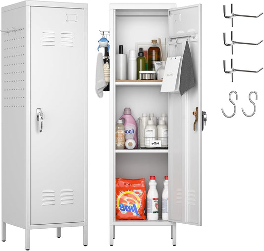 Metal Lockers for Employees with Handle,Metal Storage Locker with 2 Pegboard & 5 Hooks for Gym, School, Office,Home,Garage,White