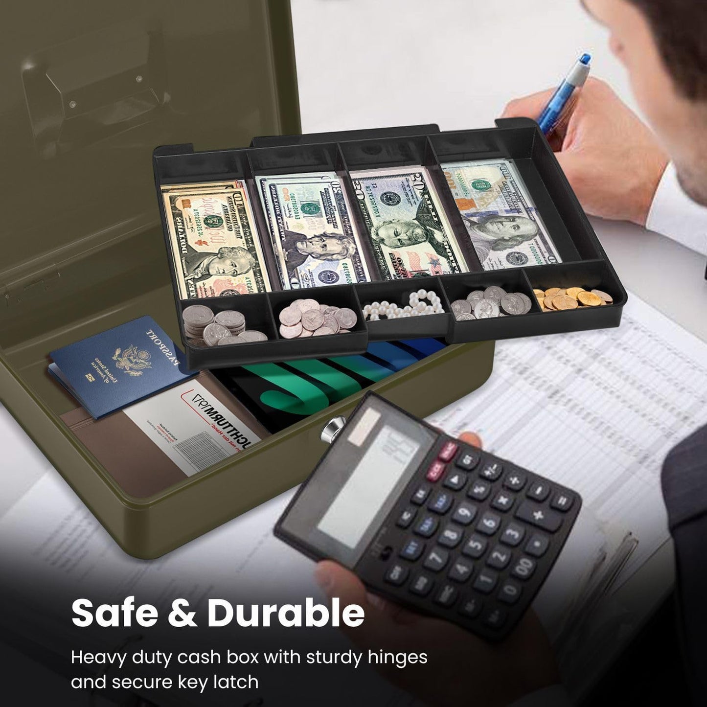 Flexzion Cash Box with Money Tray and Lock - Metal Cash Box for Small Businesses, 9-Compartment Green Money Box with Removable Tray and Key, Portable Storage for Checks and Coins