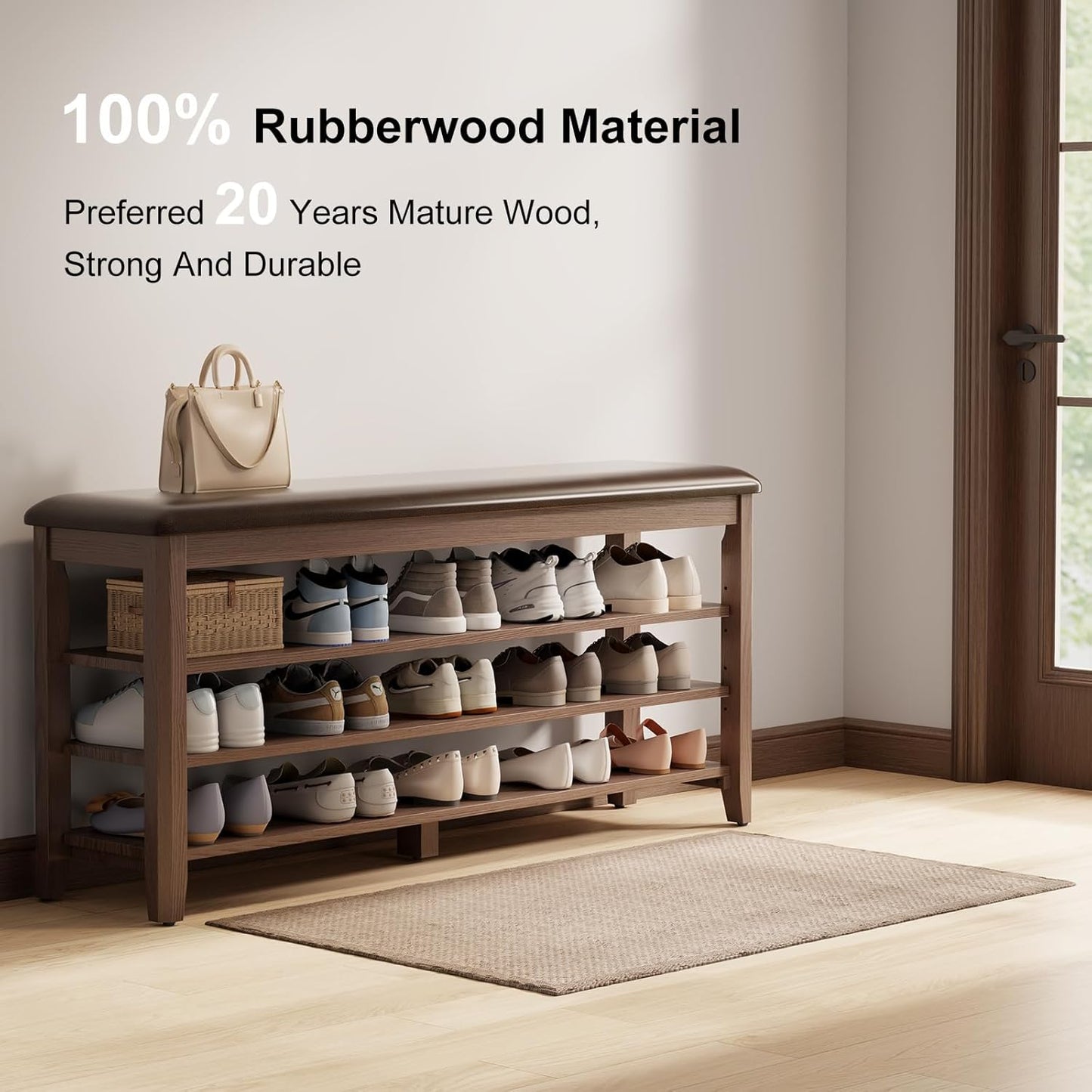 Shoe Bench with Leather Cushion, 3 Tiers Shoe Storage Bench Height Adjustable, Walnut Wood Entryway Bench for Hallway, Mudroom