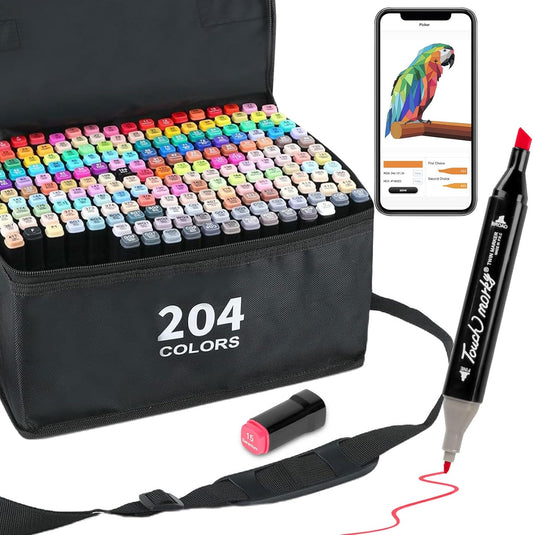 204 Colors Alcohol Markers with Free App, Chisel & Fine Tip Alcohol-Based Marker Set for Adults Kids, Dual Tip Artist Markers for Drawing, Coloring Illustration, Painting and Great Gift Idea