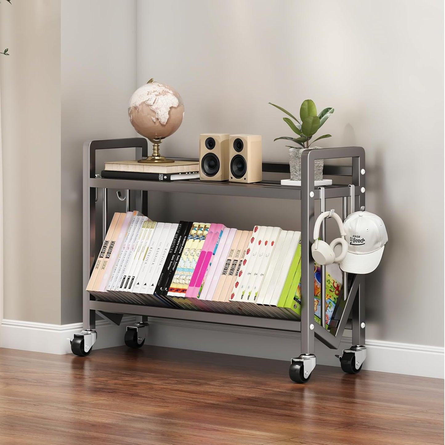 Bookshelf Movable Book Cart Multi-Layer Storage Rack Large-Capacity Rolling Cart L-Shaped Carbon Steel Shelf Suitable for Storing Books, Magazines, Newspapers, Shoes