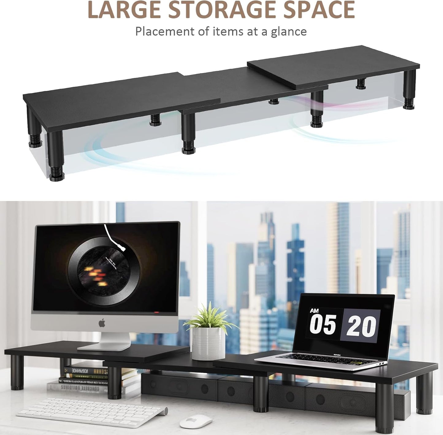 AX WABER Dual Monitor Stand Riser, Monitor Stand with Adjustable Height Steel leg, Wood Monitor Stand for Desk, Monitor Riser for 2 Monitors with Storage Space Black