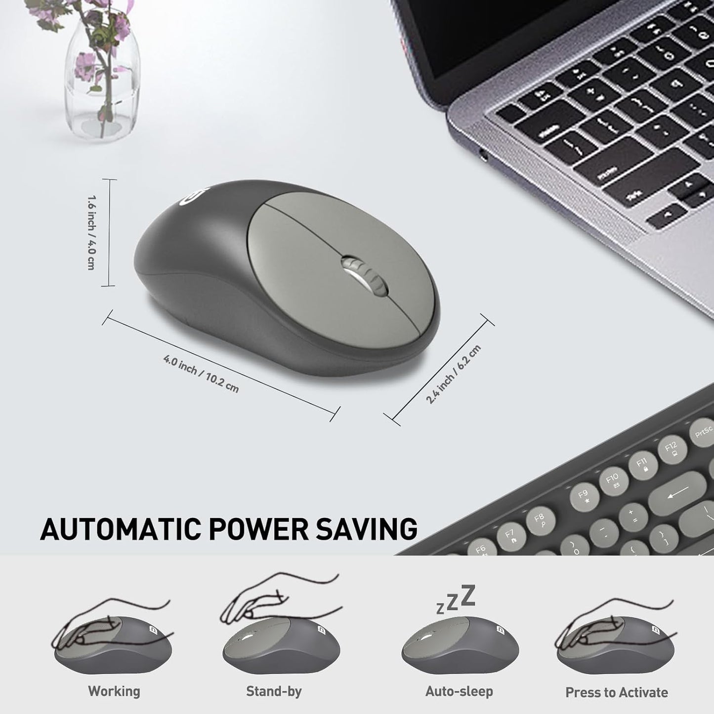 Wireless Keyboard and Mouse Combo, 2.4 GHz Wireless Full-Sized Typewriter Keyboard with Round Keycaps for Windows, Computer, Desktop, PC, Laptop (Grey)