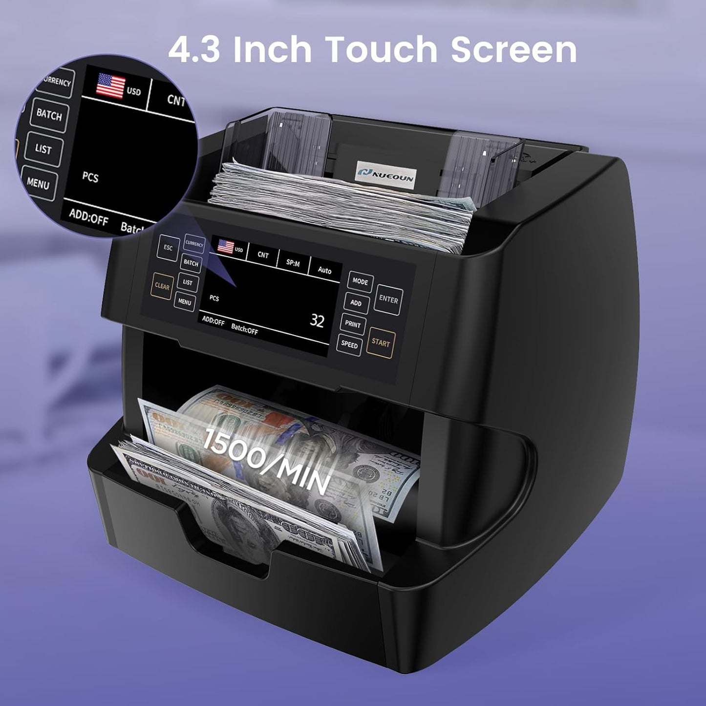 NUCOUN VC-3 Money Counter Machine Mixed Denomination, Value Counting, CIS/UV/IR/MG/MT Counterfeit Detection, USD/Euro/CAD/MXN, Printer Enabled Bill Cash Counter for Business