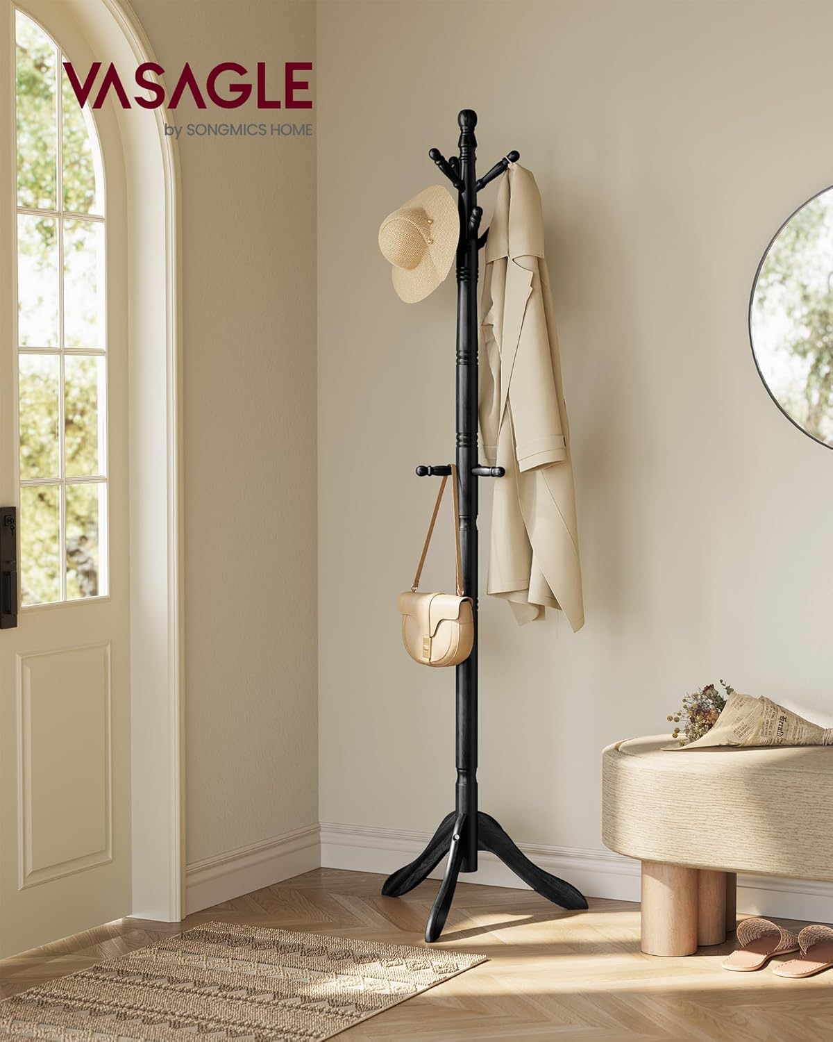 VASAGLE Solid Wood Coat Rack and Stand, Free Standing Hall Coat Tree with 10 Hooks for Hats, Bags, Purses, for Entryway, Hallway, Rubberwood, Ink Black URCR003B01