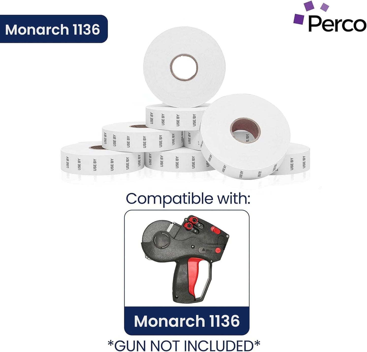 Perco USE by Labels for Monarch 1136 Price Gun - 8 Rolls, 14,000 Marking Labels - with Bonus Ink Roll Included