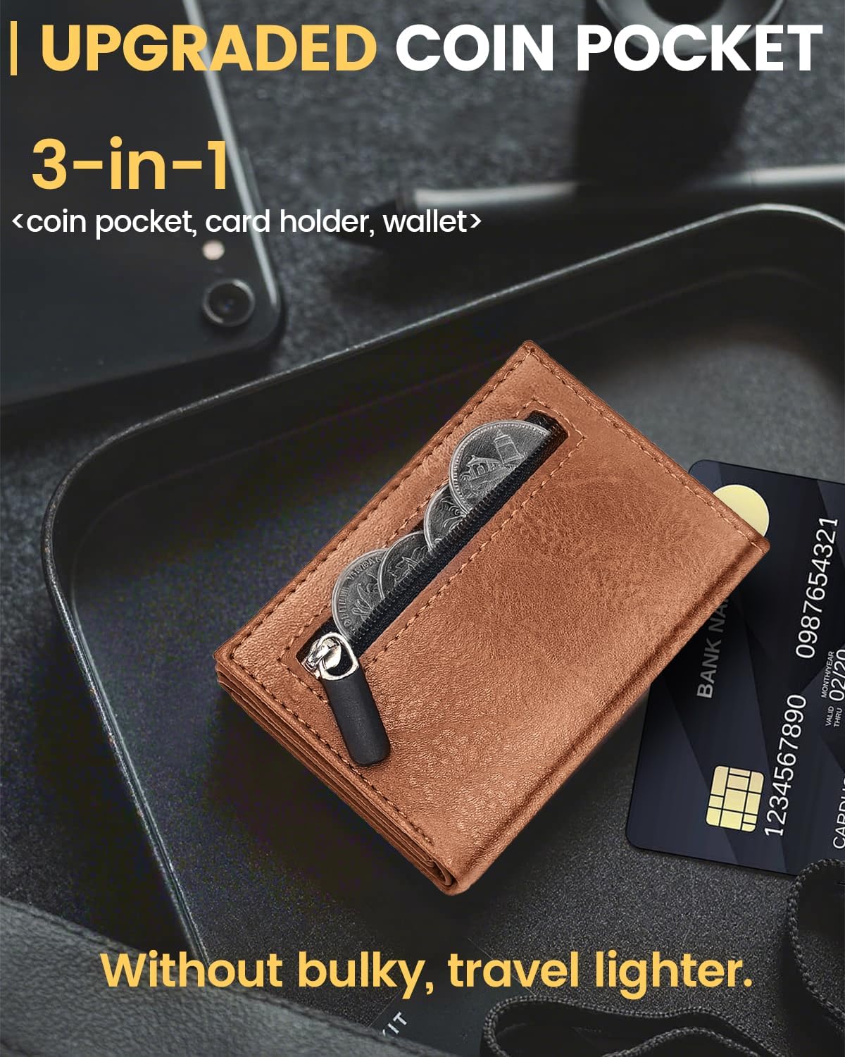Wallet for Men with RFID Blocking, Minimalist Smart Credit Card Holder with Pop-Up Mechanism, Holds 12-14 Cards, Slim Wallet Includes Coin Pocket & Cash Slot, Genuine Leather, Gift for Men, Brown