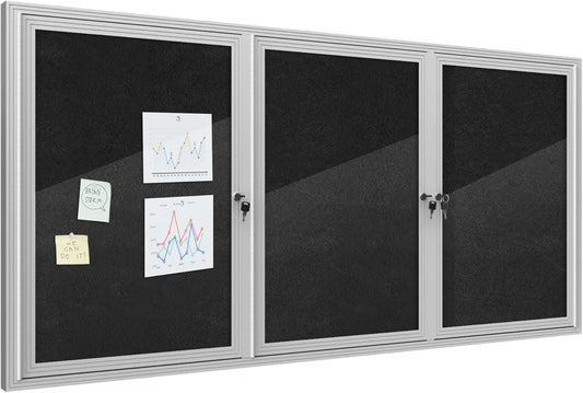 70"x34" Enclosed Bulletin Board, Outdoor Lockable Weather-Resistant Aluminum Cork Noticeboard for School & Office, Silver Frame w/Black Flet
