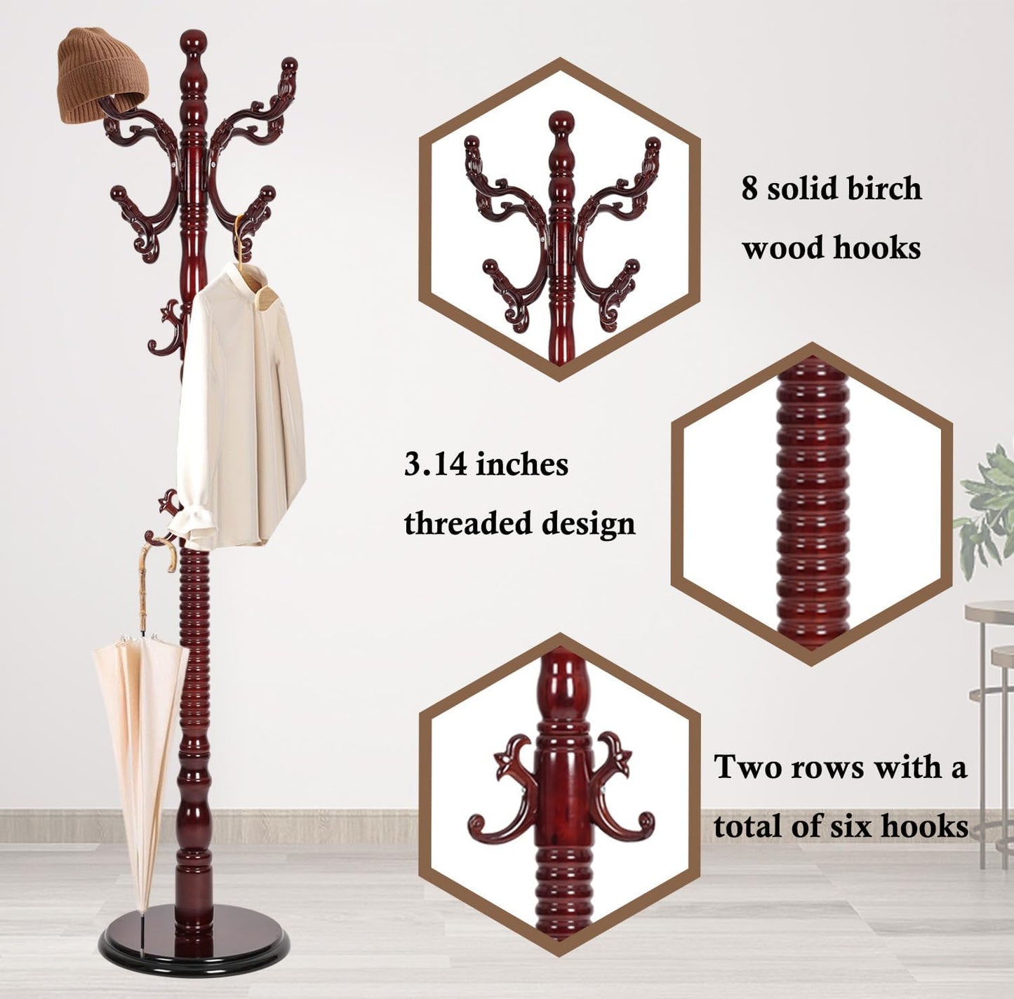 Coat Rack Stand, Solid Wooden Coat Tree with 14 Hooks, Heavy Duty Coat Rack Freestanding with Sturdy Round Base, Natural Birch Wood Coat Hanger Stand for Entryway Bedroom (Rosewood)