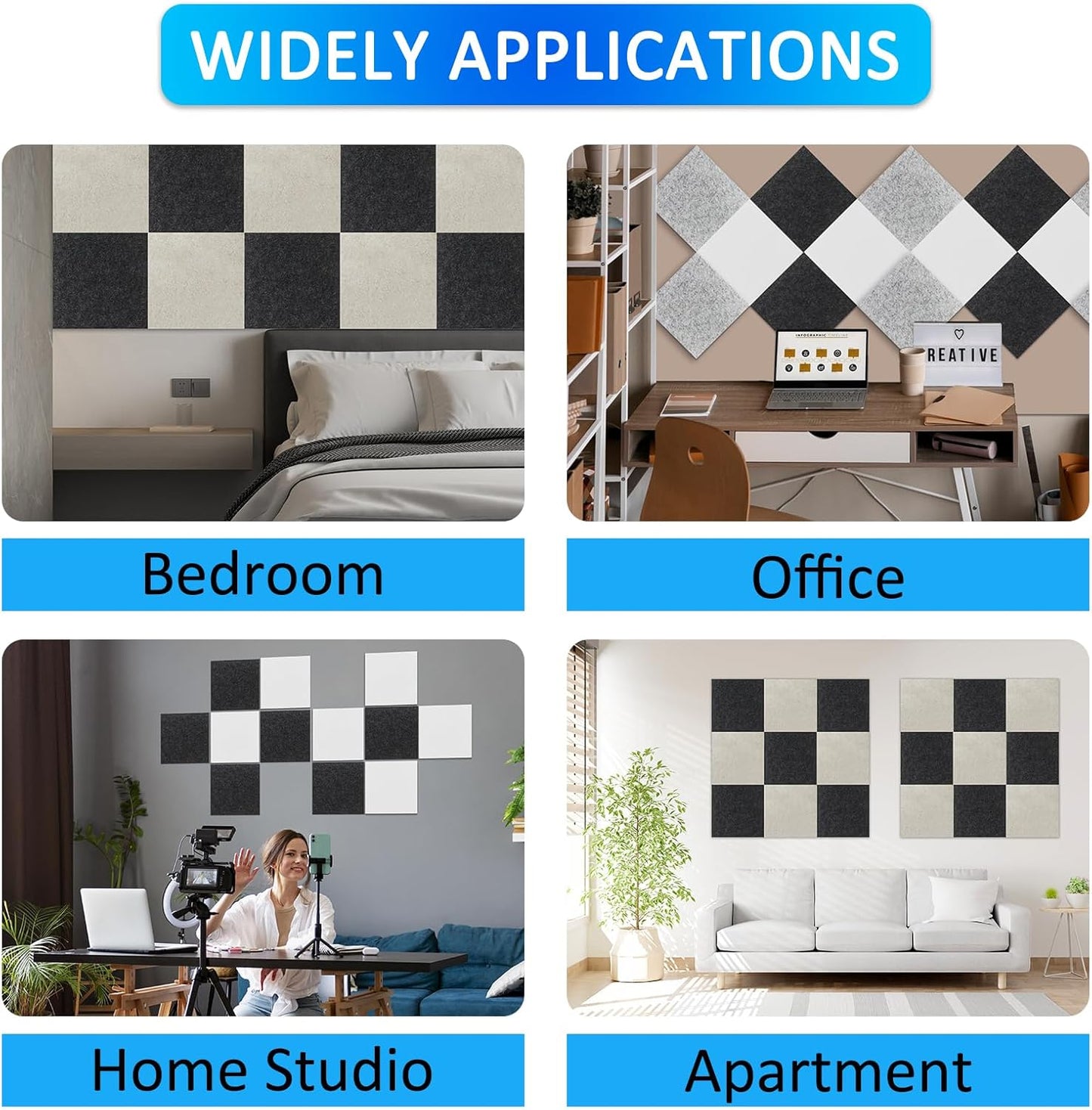 BXI Thickened Sound Absorbing Panels - 12 Pack 12 X 12 X 0.5 Inches Dense Acoustic Panels, Echo Noise Reducing Sound Panels, Tackable Studio Panels for Wall and Ceiling Acoustic Treatment (White)