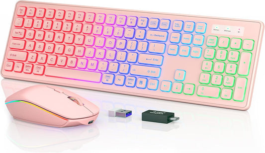 Wireless Keyboard and Mouse Combo - RGB Backlit, Rechargeable & Light Up Letters, Full-Size, Ergonomic Tilt Angle, Sleep Mode, 2.4GHz Quiet Keyboard Mouse for Mac, Windows, Laptop, PC, Trueque, Pink