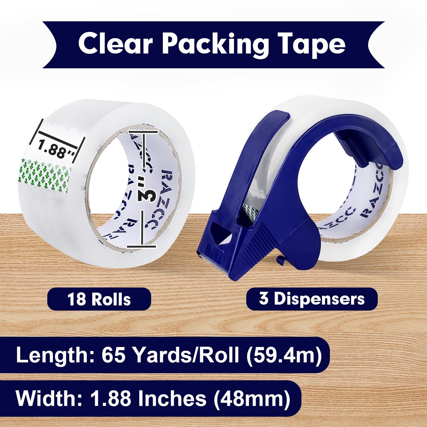 Packing Tape, 18 Rolls Clear Heavy Duty Packaging Tape with Dispensers for Packing, Shipping, Moving and Mailing, Thicker Sealing Tape-1.88" x 65 Yards Per Roll, 1170 Total Yards