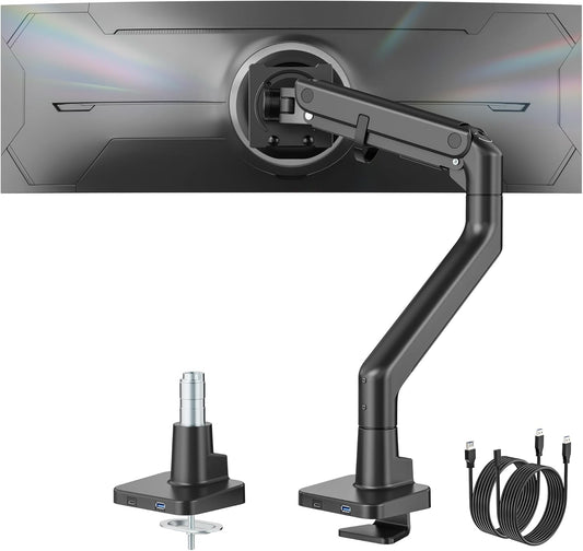 monTEK Single Monitor Arm with USB A/C, Ultrawide Monitor Stand for 17 to 57 Inch Curved Screen, Holds 59.4 lbs, Adjustable Gas Spring Arm, 75/100 VESA Mount, Clamp & Grommet Desk Mount, Black