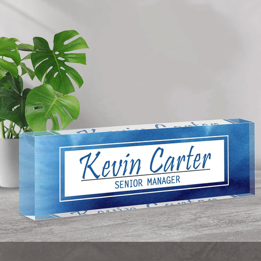 Name Plate for Desk Personalized, Acrylic Desk Decorations, Employee Appreciation Gifts, Custom Office Gifts for Coworkers, Boss, Teacher, Nurse (Blue White Marble)