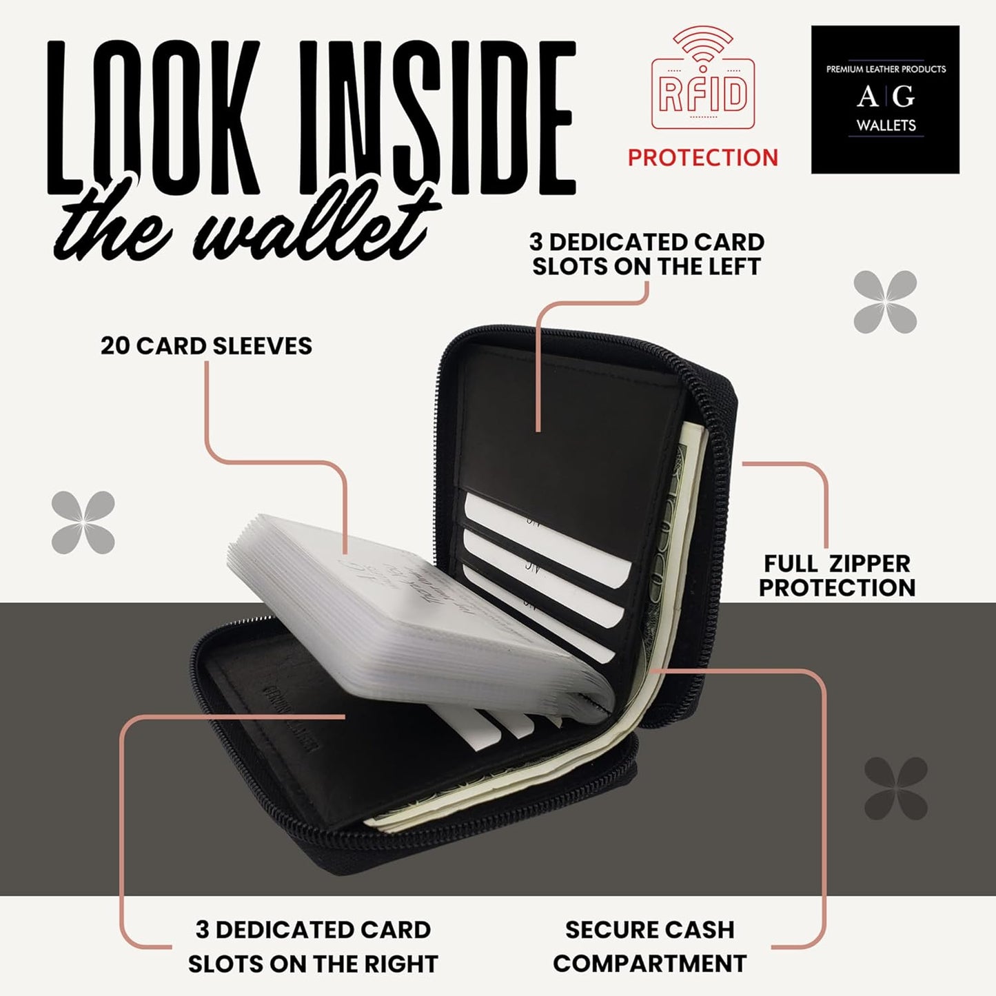 ag wallets Mens Zip Around Leather Wallet with Inserts (Black)