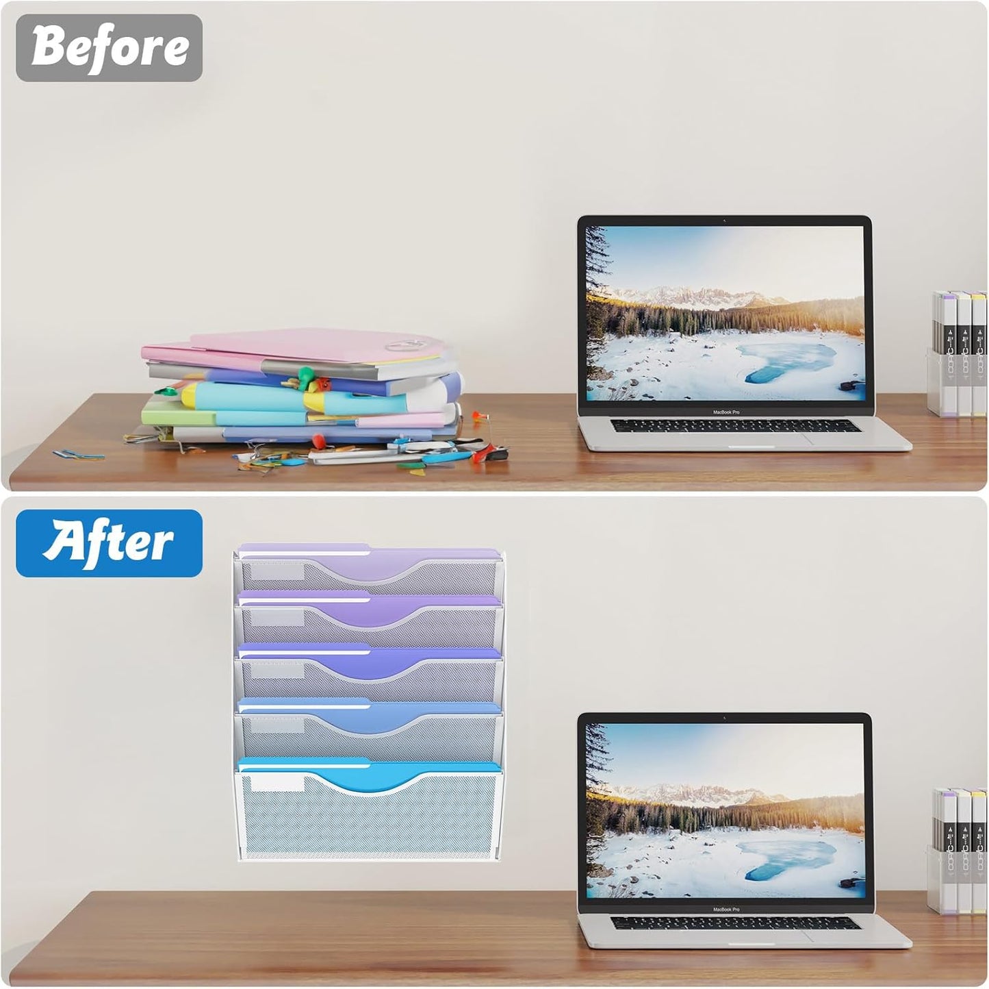 5 Tier Hanging Wall File Organizer, Mesh Mail Paper Orgnization Hanging File Folder Holder for Home Office, White