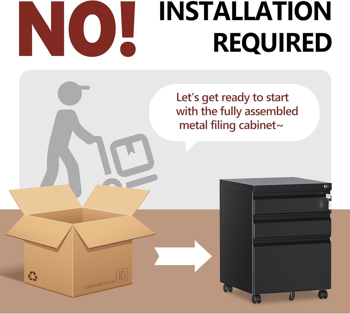 3 Drawer File Cabinet，Mobile Filing Cabinet with Lock and Wheels，Fully Assembled Metal Under Desk File Cabinets for A4/Letter/Legal Size（Black