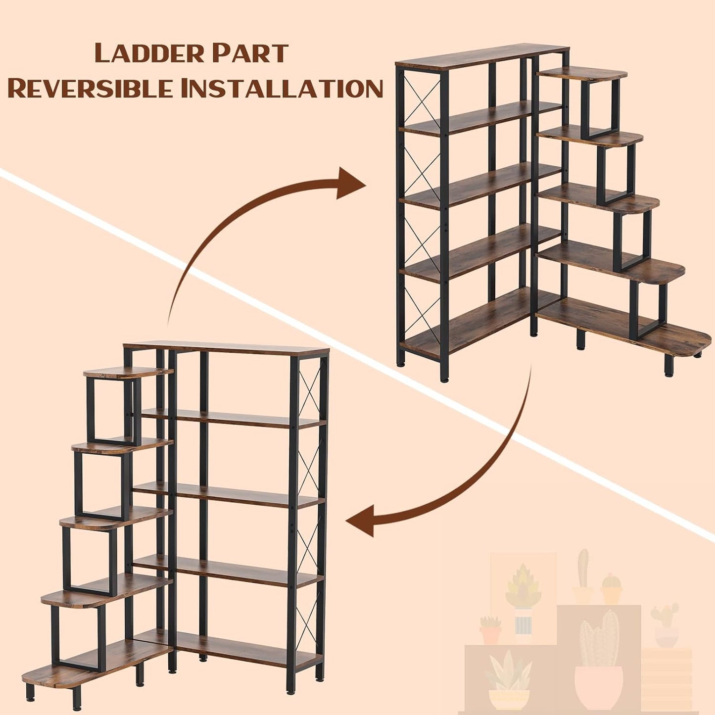 Large Corner Bookshelf Bookcase, Industrial Reversible 5 Tier Ladder Shelves Storage Display Rack with Metal Frame, Modern Home Office Furniture for Living Room Bedroom