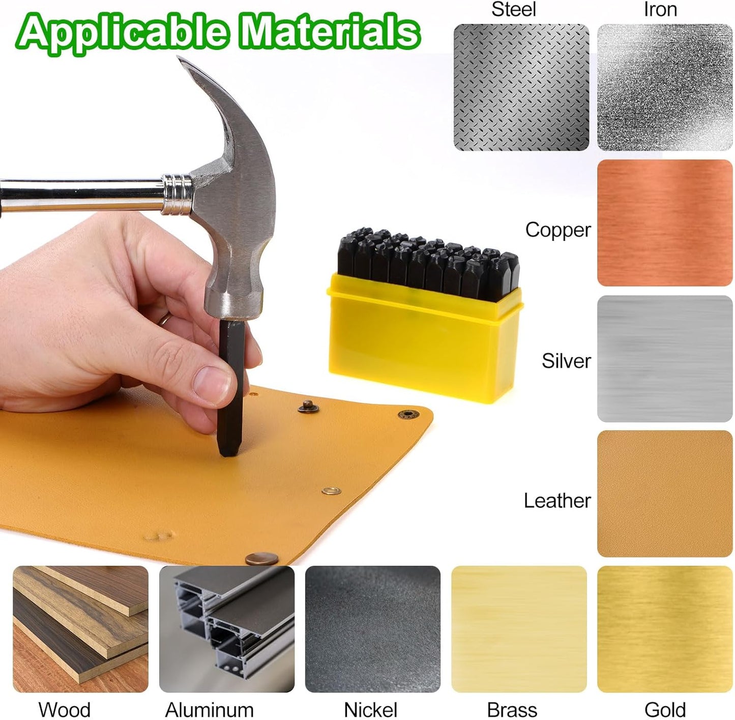 HARFINGTON 36pcs Metal Stamping Kit 1/4" (6mm) (A-Z, 0-8, "&" Symbol) Steel Letter Punch Press Tool with Hole Punch to Stamp on Metal, Plastic, Wood, Leather, Black