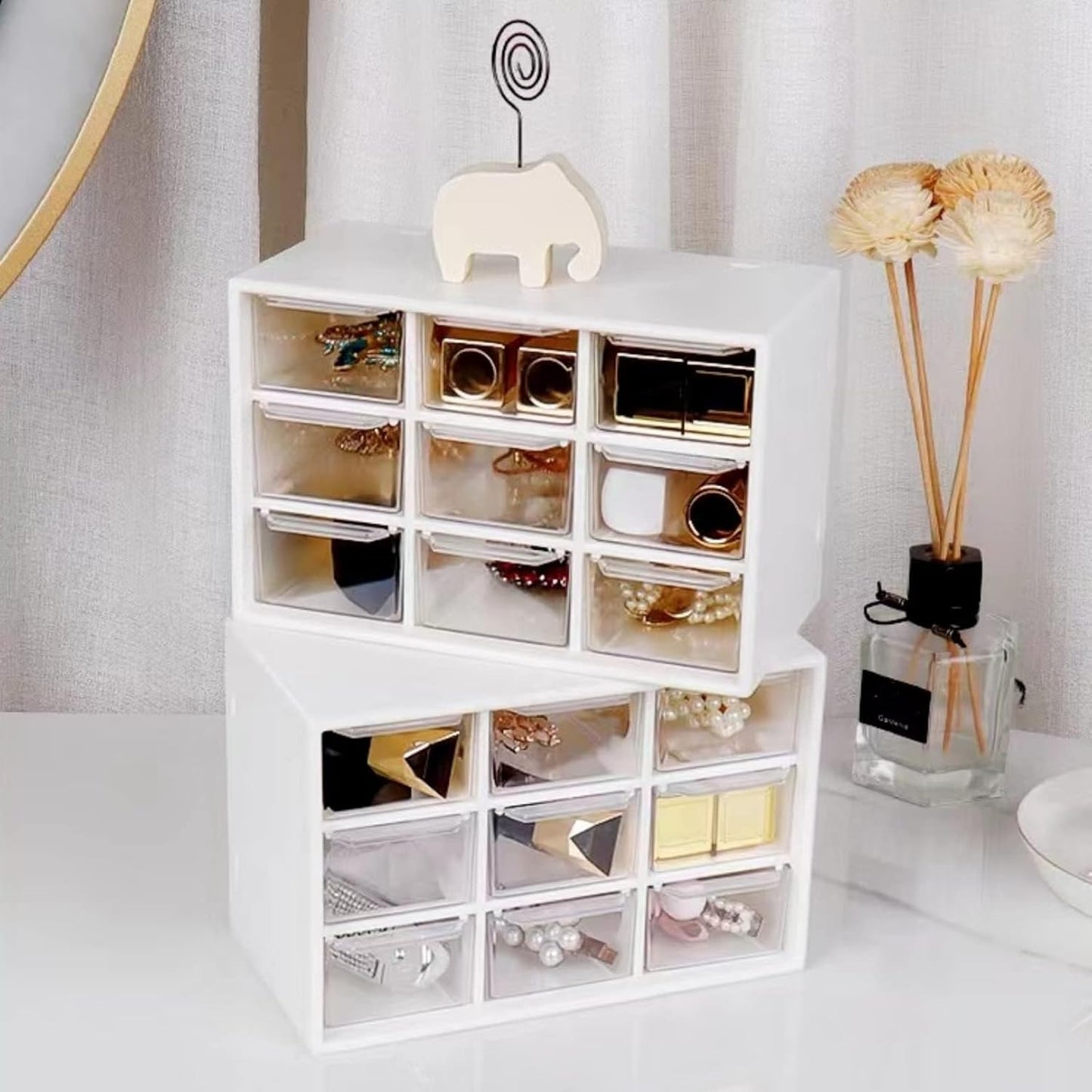 Feadily 4PCS Small Drawer Organizer for Desk, Desktop Drawer Organizer with 9 Clear Drawers, Plastic Desktop Storage Drawers 7.1 Inch x 3 .9 Inch x 4.7 Inch, White