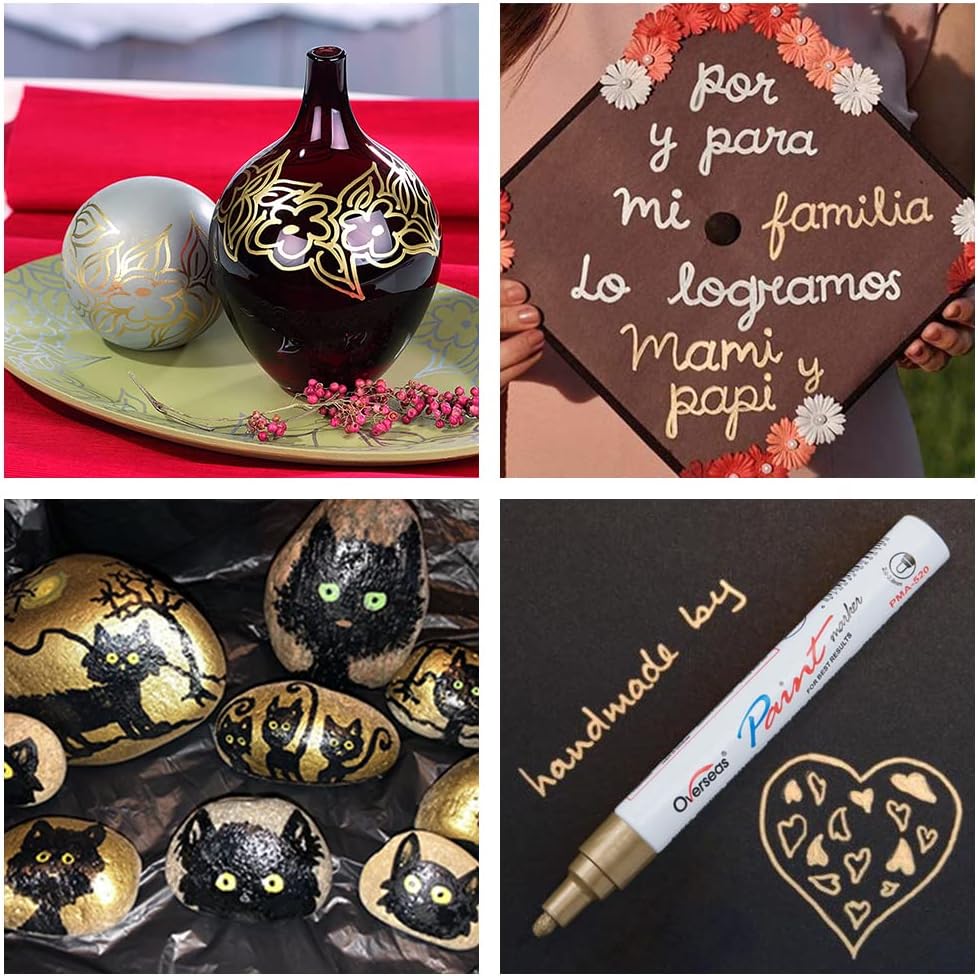 Overseas Gold and Silver Paint Pens - 6 Pack Oil Based Metallic Permanent Markers, Medium Tip, Quick Dry and Waterproof Paint Markers for Rock, Wood, Metal, Plastic, Canvas, Glass, Ceramics, Rubber