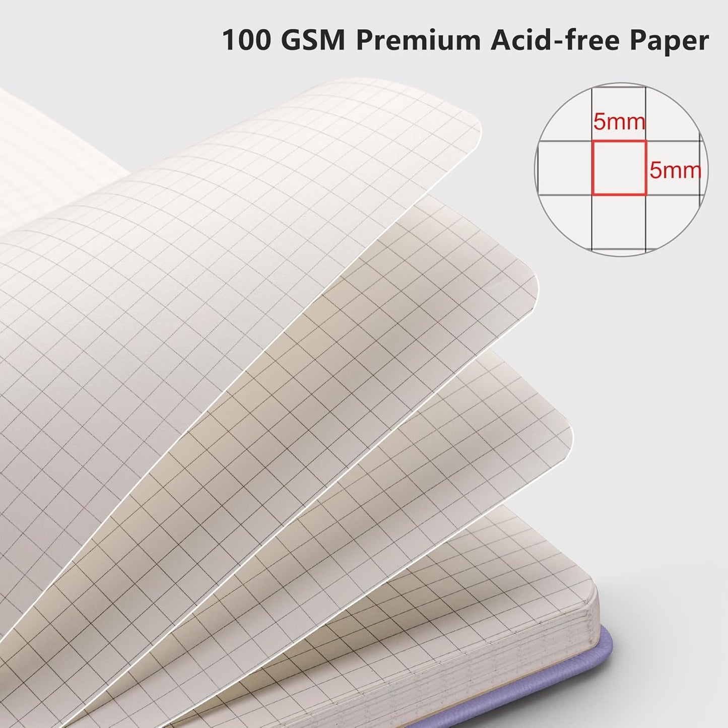 RETTACY Graph Grid Paper Notebook, 192 Pages, A5 Medium Size (5.7'' x 8.3''), 5 Squares per Inch, Leather Hardcover, 100 GSM Thick Paper, for School, Students, Math, Engineering (Purple)