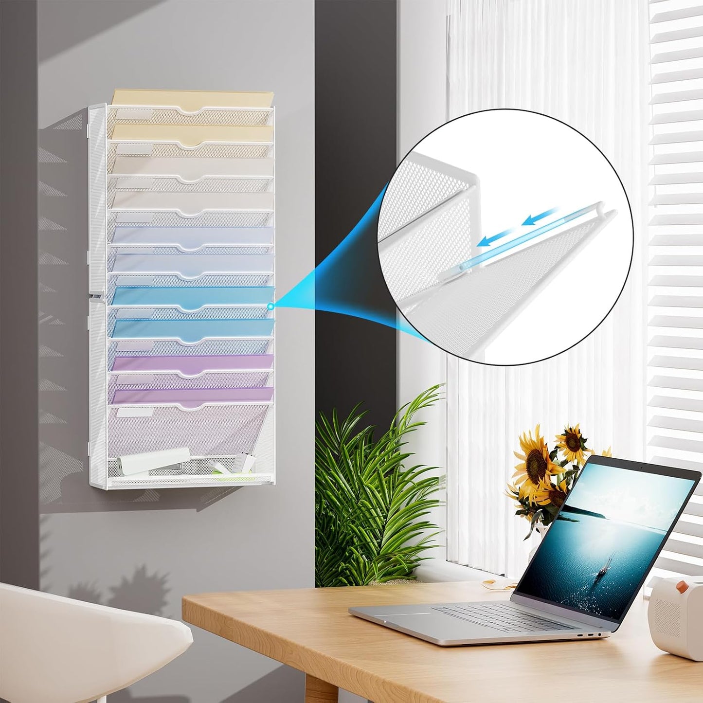 Marbrasse Wall File Holder 11-Tier Hanging Wall File Organizer, for Papers, Files Clipboard & Magazine Organizer, Wall Mount File Holder Great for Office Home (White)