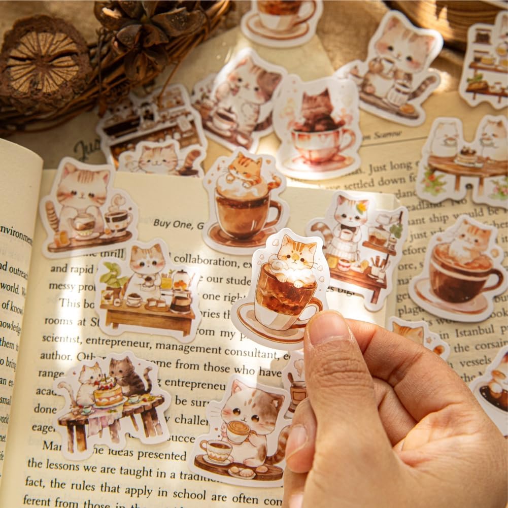 46 Pcs Small Coffee Cat Stickers for Scrapbooking Diary Laptop Junk Journal Notebook Kids Envelope Card Making Diary Planner Craft DIY Craft Decoration, 23 Patterns