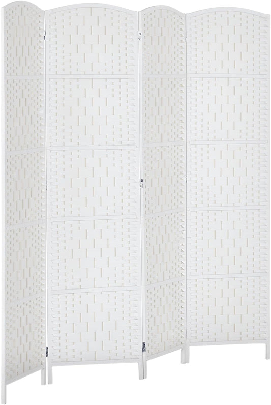 HOMCOM Room Divider, 4 Panel Folding Privacy Screen, 6FT Tall Portable Wicker Weave Partition Wall Divider for Bedroom, Home Office, White
