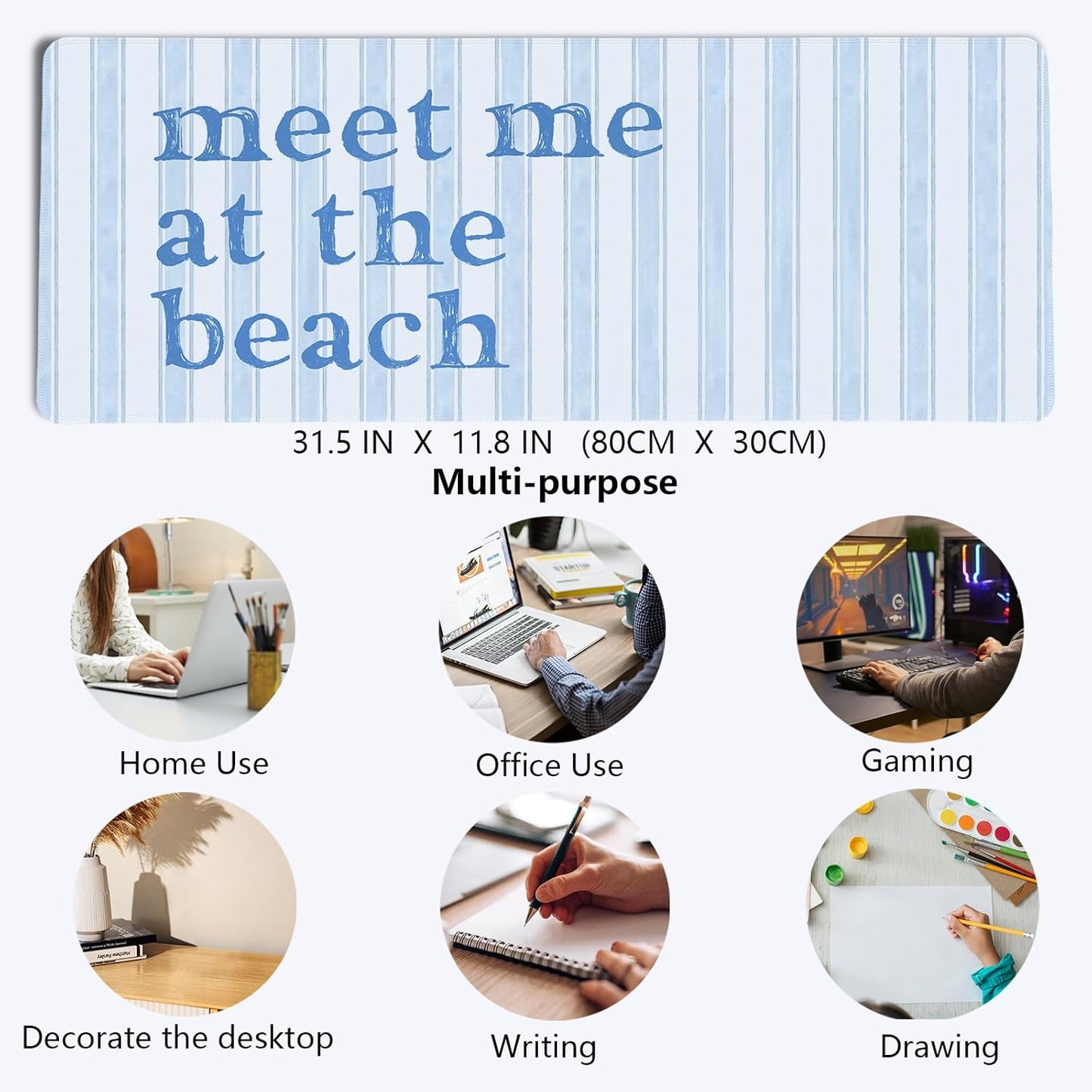 Blue Ocean Beach Room Mouse Pad,Light Blue Coastal Room Decor Mouse Pad,XL Large Ocean Desk Mat,Girly Summer Beachy Gaming Pads,Meet Me at The Beach Desktop Decor Art,31.5x11.8 Inch