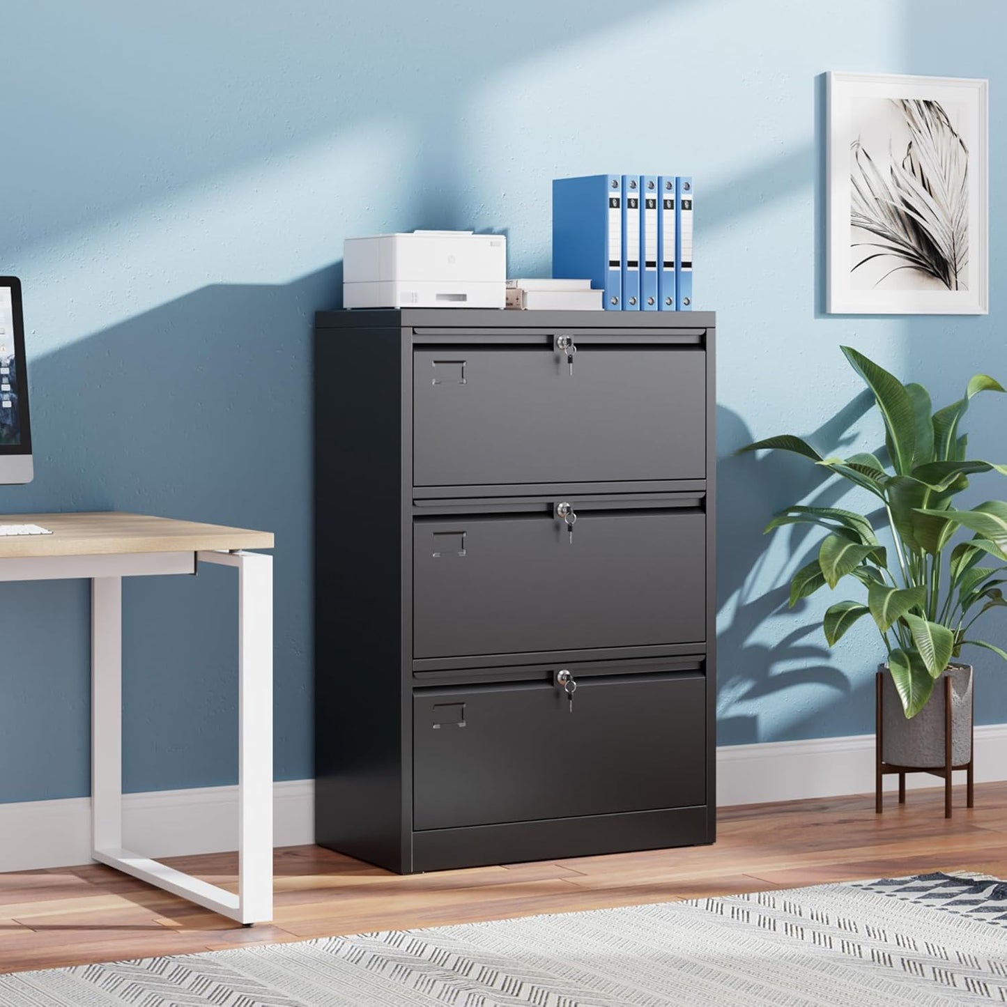 3 Drawer Lateral File Cabinet, Metal Wide Filing Cabinet with Independent Locks, Home Office Furniture for Hanging Files Letter/Legal/F4/A4 Size, Assembly Required, Black