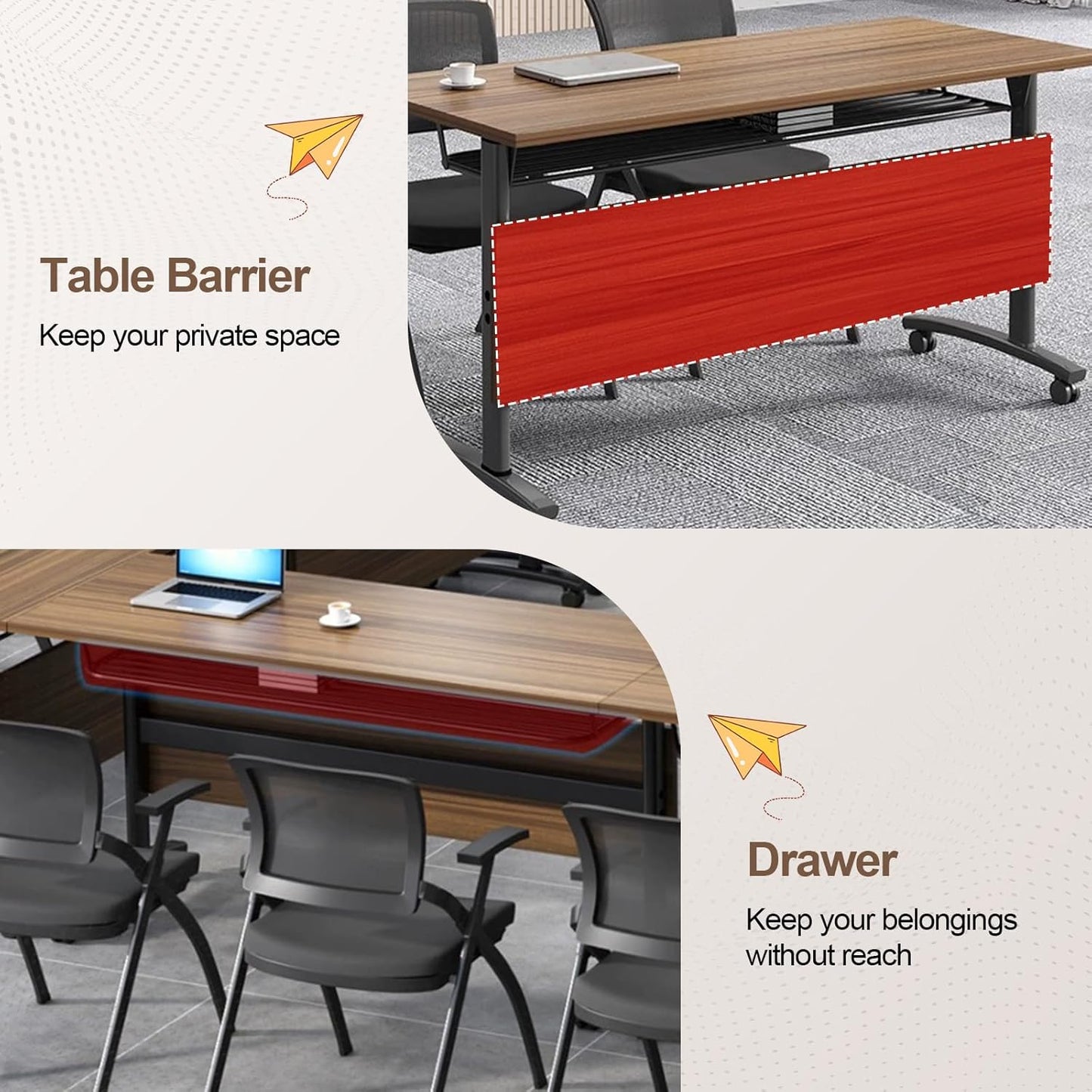 Folding Conference Room Table, Modern Conference Tables with Wheels, Large Rectangular Mobile Training Tables for Office Classroom, Foldable Modular Boardroom Seminar Table Walnut (2pack L63in)