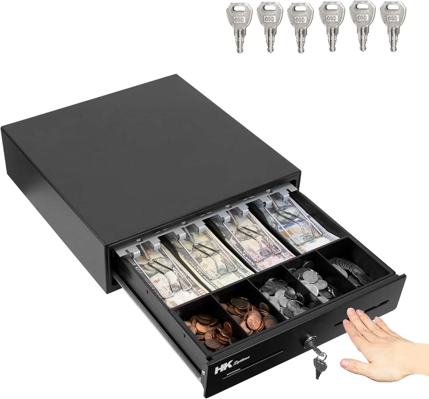 HK SYSTEMS 13inch Heavy Duty Manual Push-Open Cash Drawer with 4Bill/5Coin, Removable Till, Two Medial Slots, Black