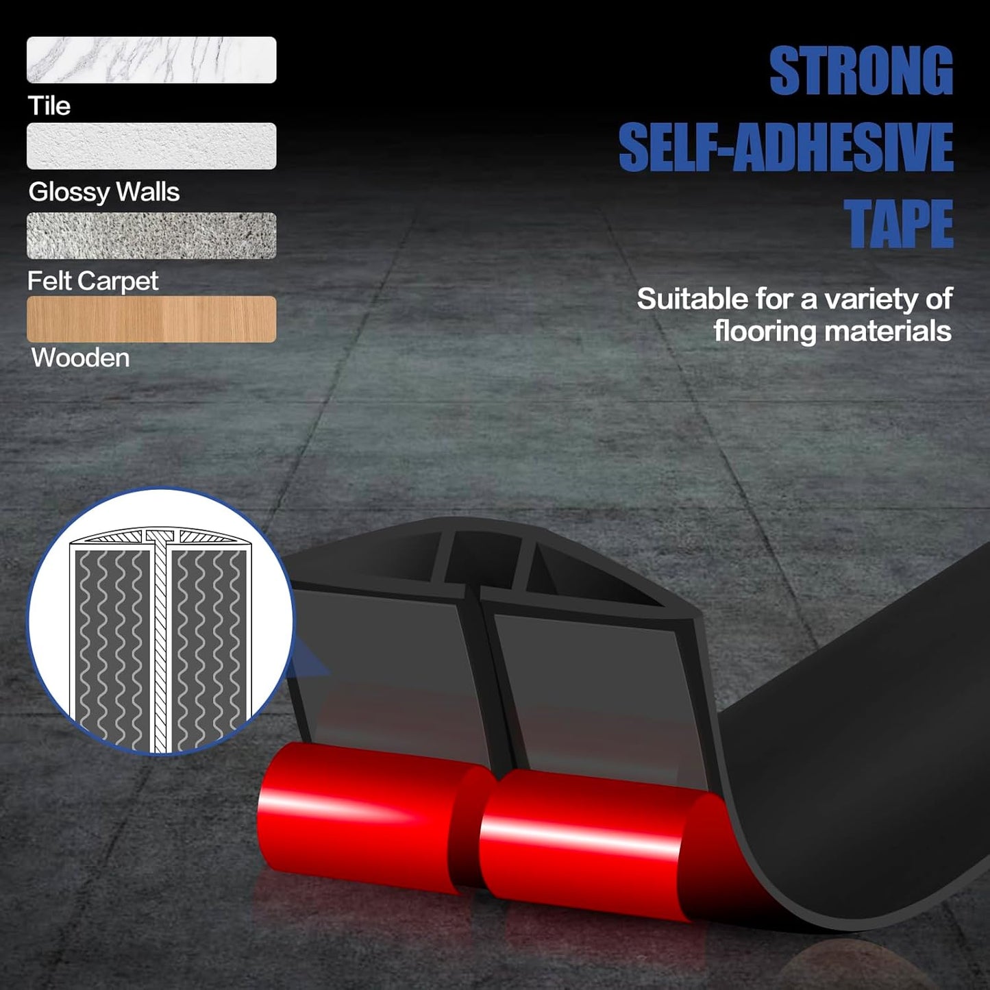 Floor Cord Cover Self Adhesive Cord Hider,10FT Cable Management, Extension Strip Protector for Wires, Prevent Cable Trips for Offices, Gyms, Exhibitions Cavity:0.39"(W) x 0.27"(H) Black