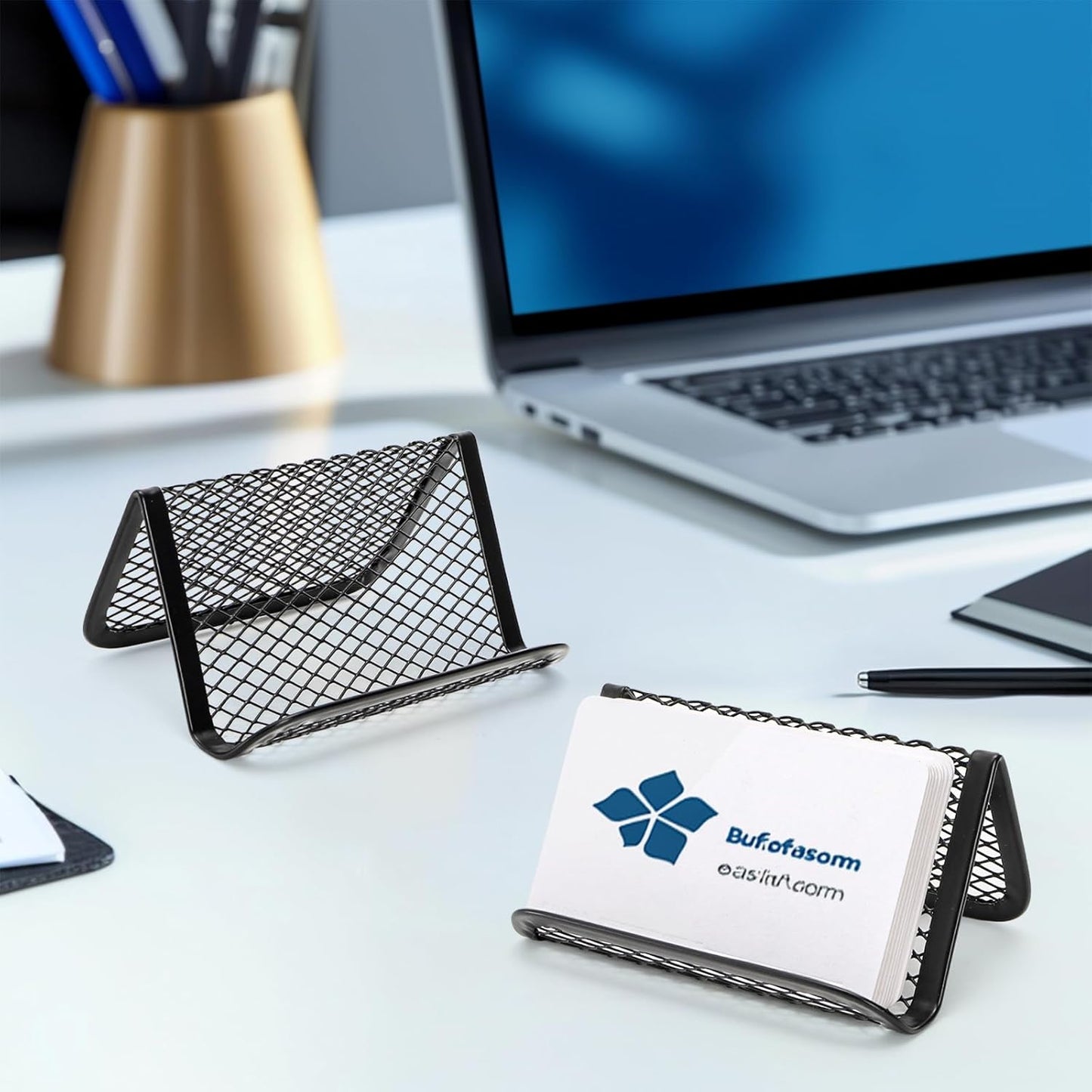 Suwimut 12 Pack Business Card Holder for Desk, Metal Mesh Business Card Stand Desktop Display Rack, Black Business Card Organizer Holds up to 50 Name Cards for Office