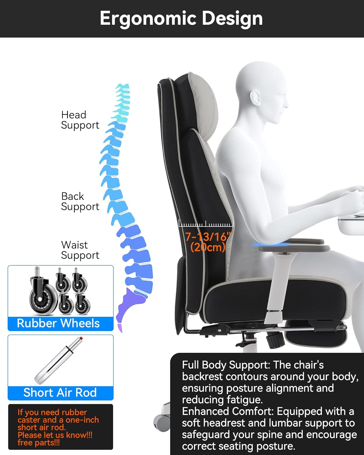 DJ·Wang Big and Tall Office Chair 400lbs with Foot Rest, High Back Executive Office Chair with Extra-Thick Spring Cushion, Ergonomic Leather Chairs Gray