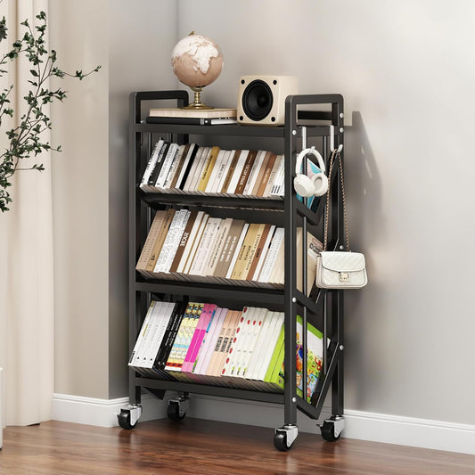 Bookshelf Movable Book Cart Multi-Layer Storage Rack Large-Capacity Rolling Cart L-Shaped Carbon Steel Shelf Suitable for Storing Books, Magazines, Newspapers, Shoes