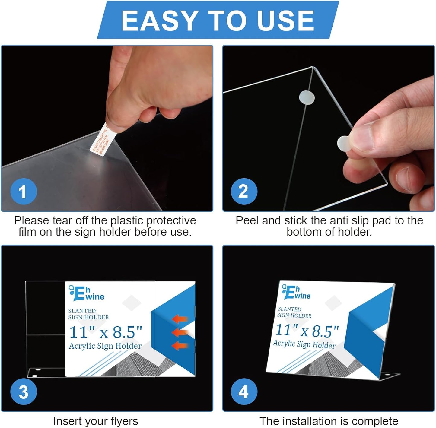 EHWINE 3 Pack 8.5 x 11 Acrylic Sign Holder Horizontal, Clear Plastic Signs Display Stand, Slanted Back Paper Holder Stand up Table Top Sign Holders Flyer Stand Frames for Office Business Store