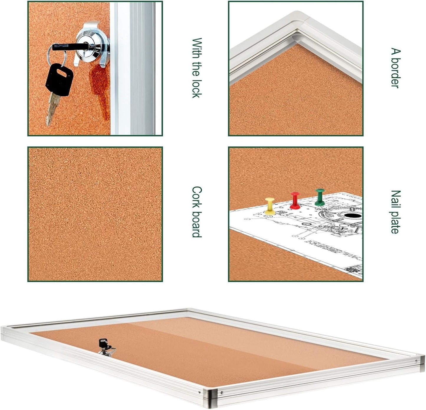 BIBOC EnclosedCork Bulletin Board 36x24 inch Lockable Cork Noticeboard Display Cases Tamperproof Notice Poster Memo Board with Class 1 Aluminum Frame (Cork, 24×36 inches)