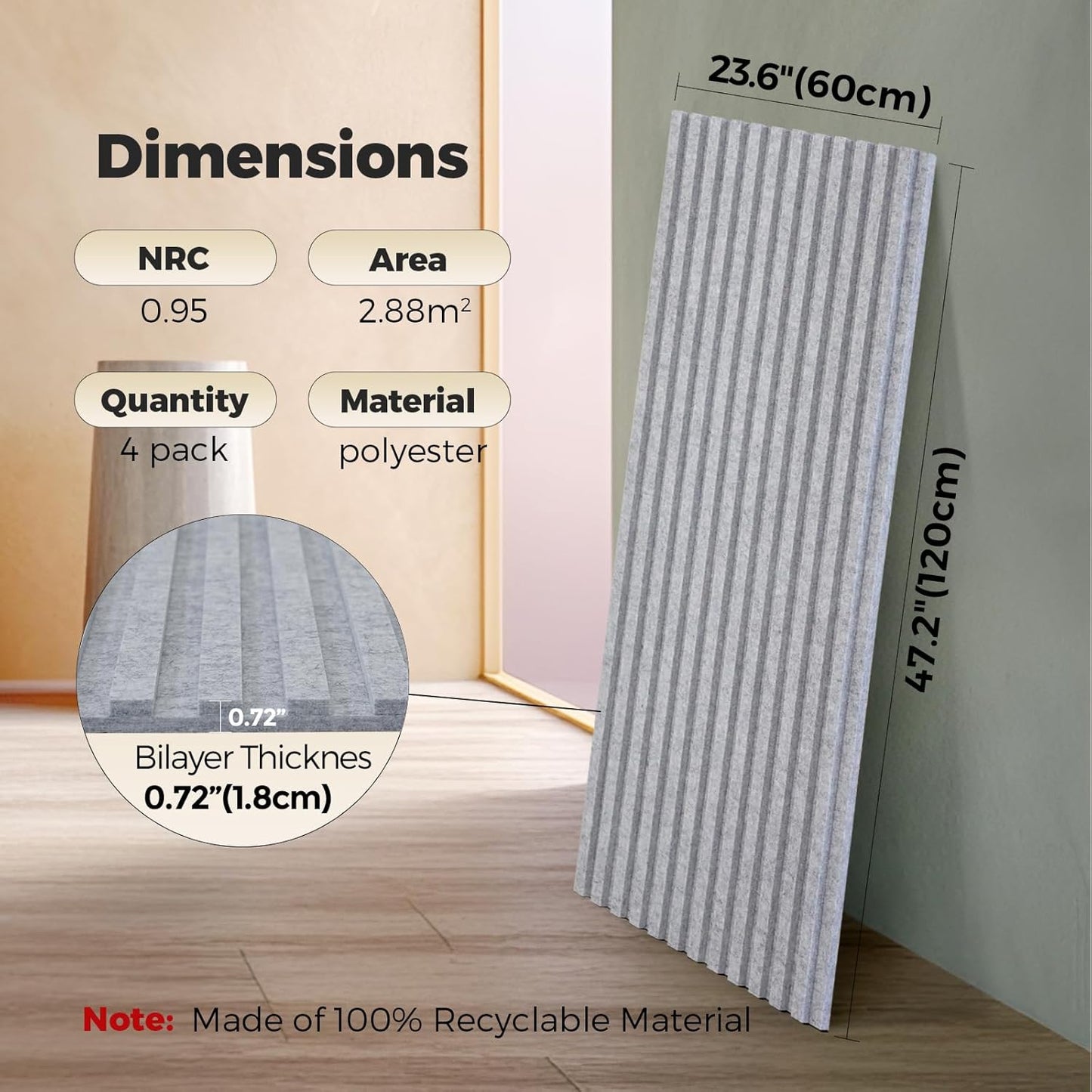 4-Pack Bilayer Acoustic Wall Panels Large Self-adhesive, 47.2” * 23.6” * 0.71” Soundproof Wall Panel, Acoustical Barrier of Polyester Fiber, Decorative Panels for Home&Office,Grey+Grey