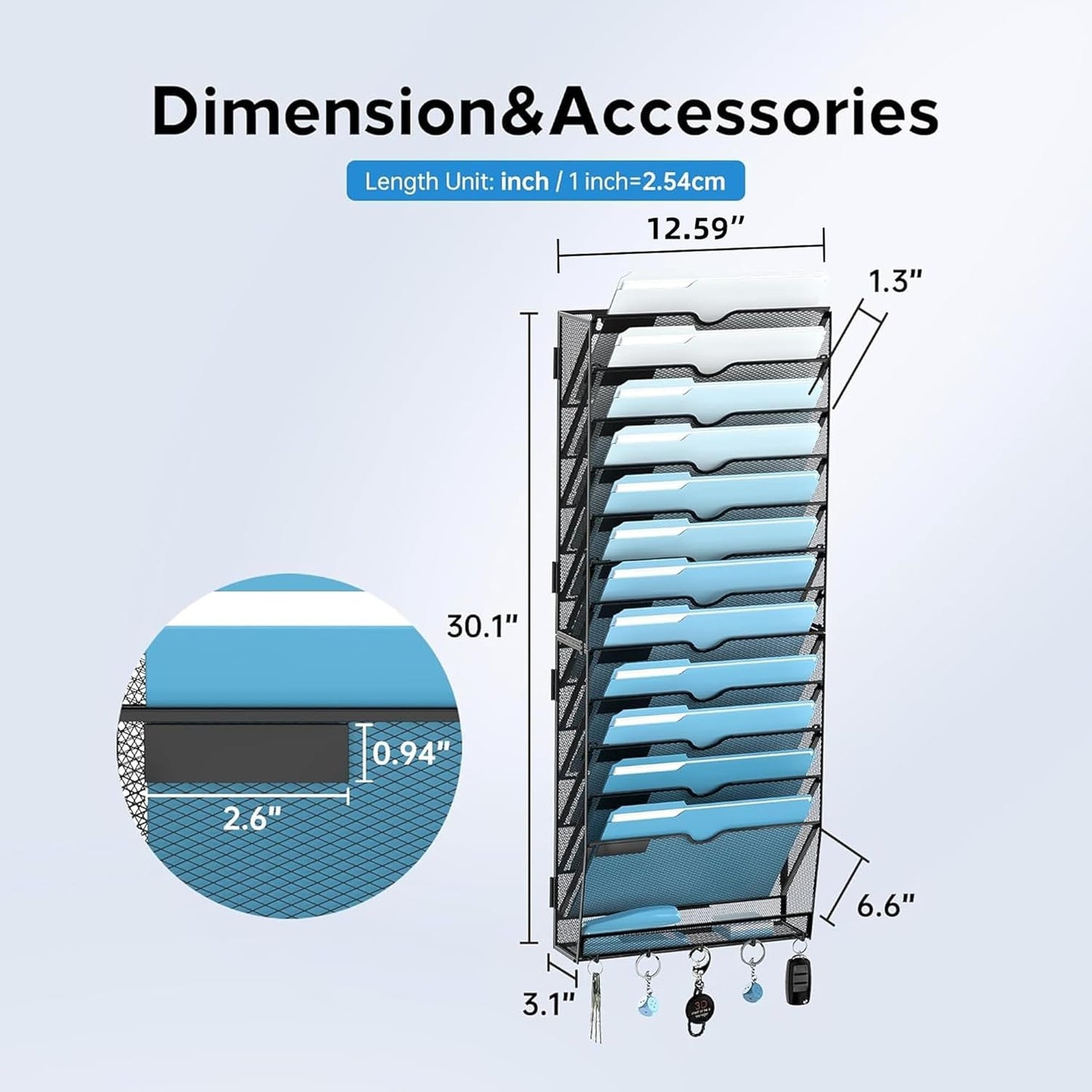 SUPEASY 13-Tier Wall File Organizer, Wall File Holder with Hooks, Mesh Hanging File Organizer, Mail Organizer Wall Mounted for Papers, Folders, Office Magazine Rack, Assembly Needed, Black