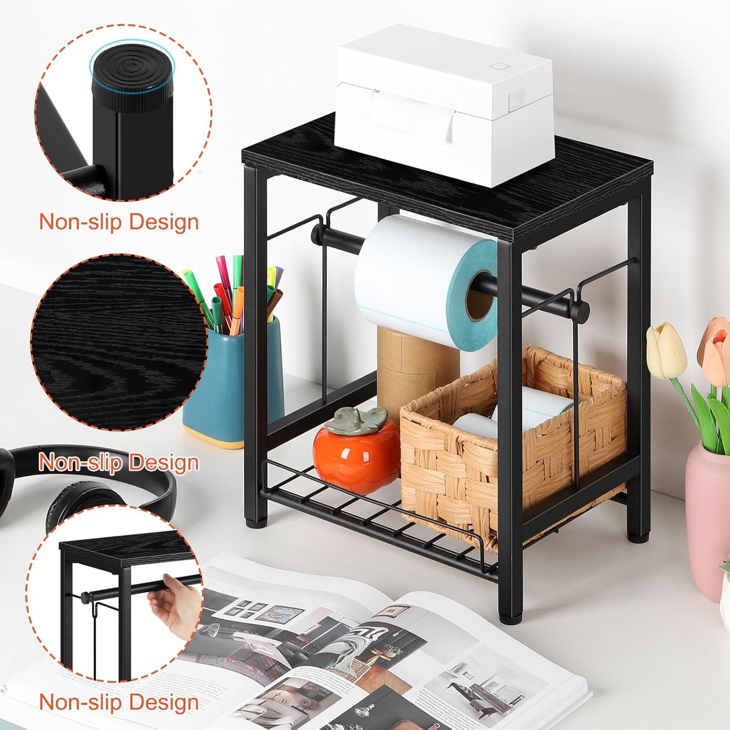 Label Holder for Rolls and Fan-Fold Labels, Wooden Thermal Printer Sticker Stand Shipping Label Holder with Basket, Black Label Roll Holder Dispenser for Home, Office, Small Business