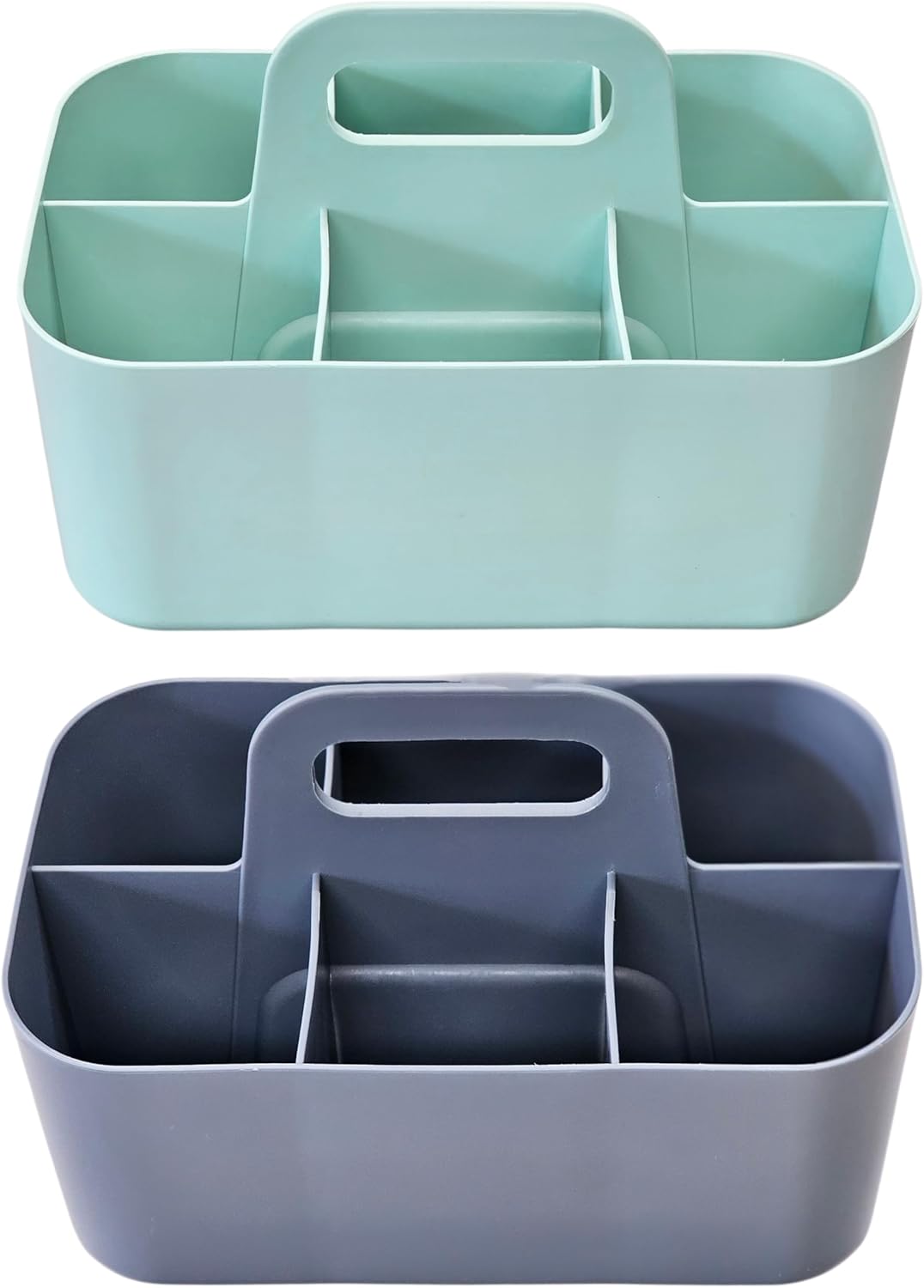 2 Pack Small 6 Compartment Multiuse Caddy Organizer with Handle Art Craft Supplies, Office, Desk, Stationery Pen Holder Stackable- Made In USA (Mint/Gray)