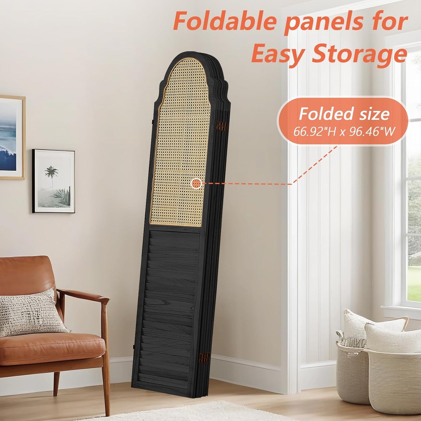 6 Panel Rattan Folding Screen Room Divider, Privacy Dividers for Rooms, Louvered Partition Dividers, Room Divider Panel for Bedroom, Dressing Room, Balcony, Black