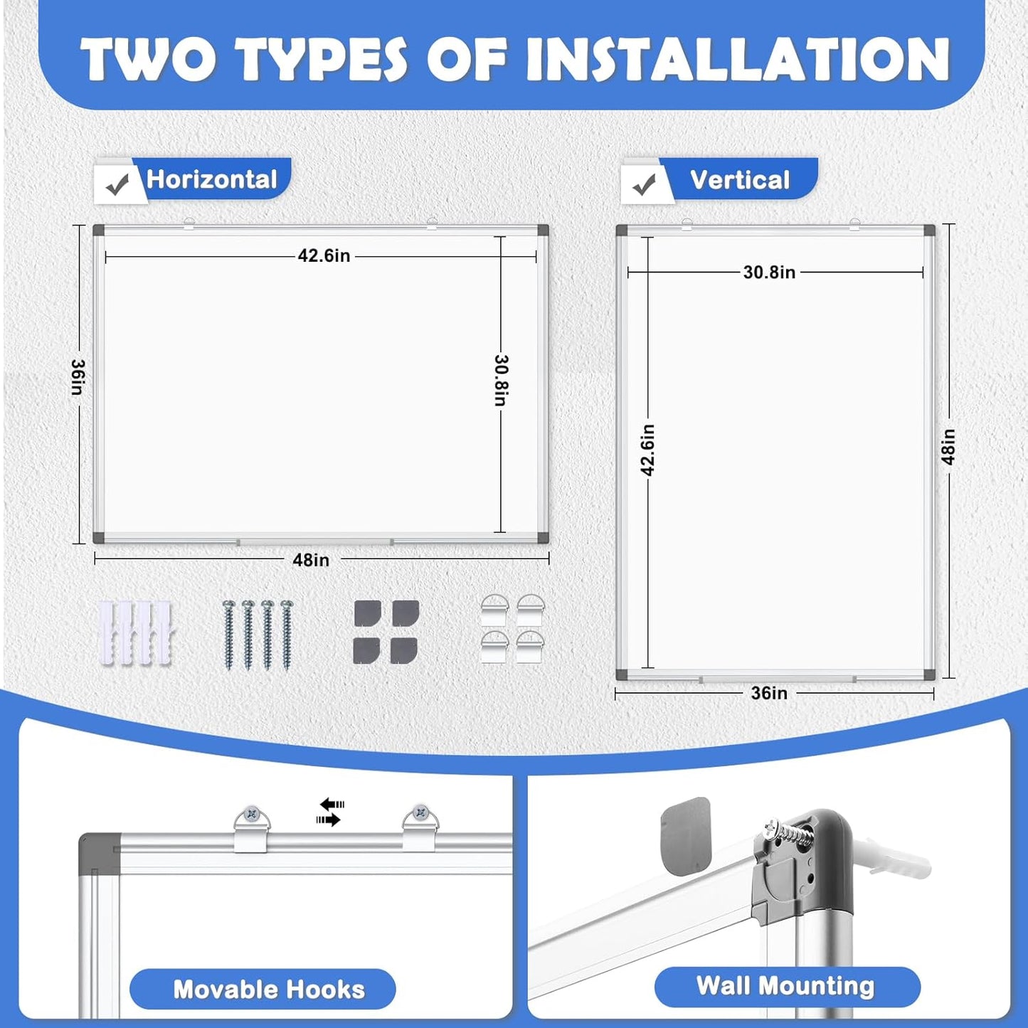 WALGLASS Large Whiteboard, 48" x 36" Double-Sided Large Dry Erase White Board for Wall, Hanging Whiteboard with Silver Aluminium Frame for Home, School, Office, Kitchen