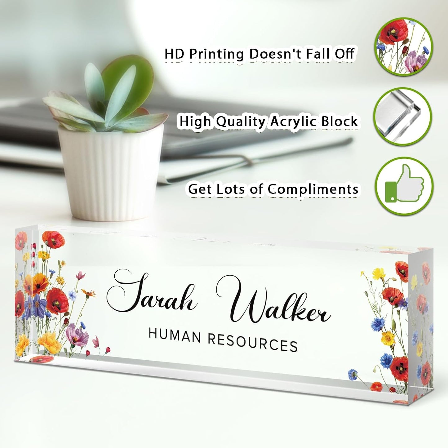 Name Plate for Desk, Desk Name Plate Personalized, Flowers Office Decor for Women Men, Acrylic Desktop Accessories, Office Gifts for Boss Nurse Teacher Coworker, Employee Appreciation Gift (Pink/Blue)