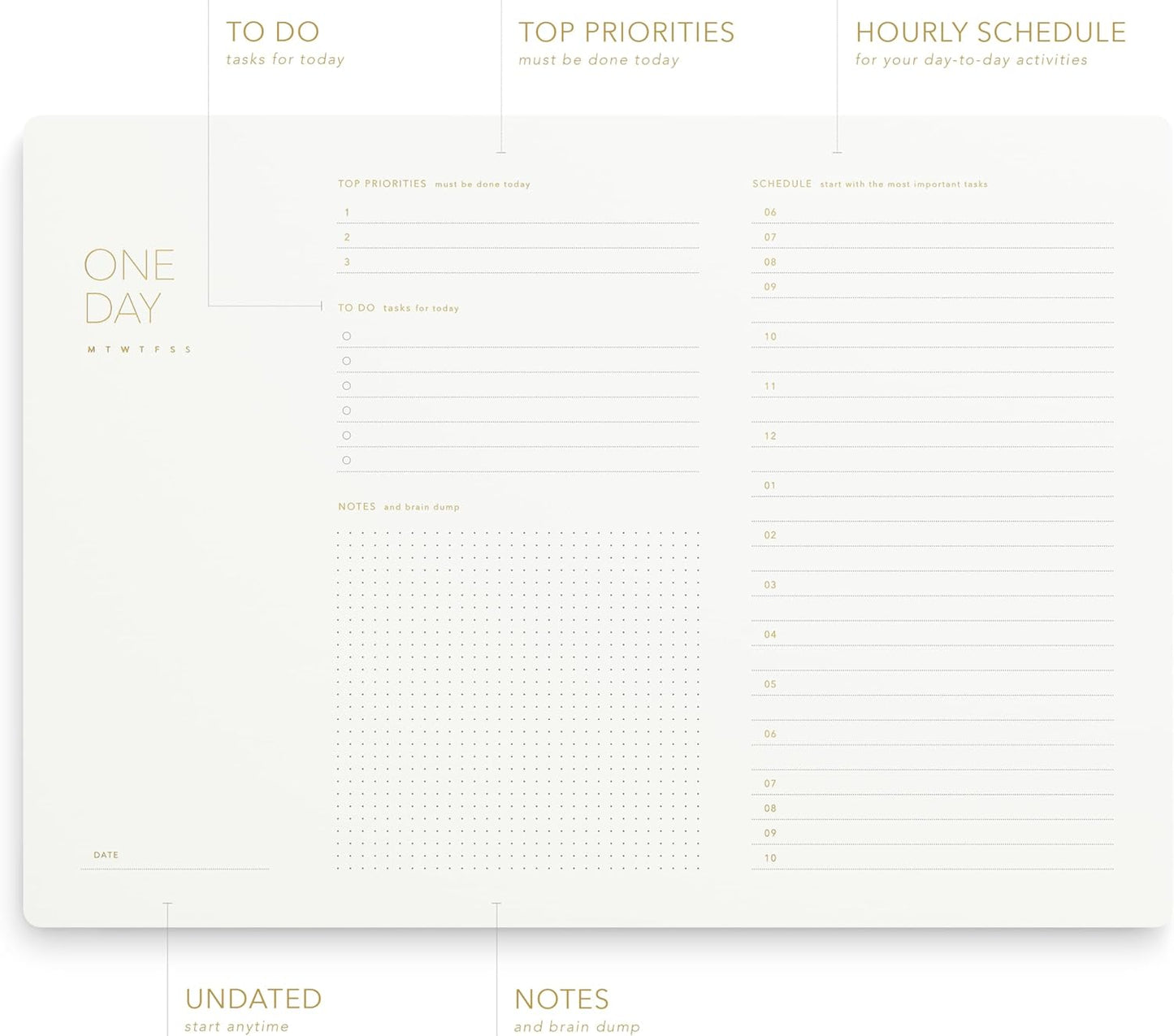 One Day, Elegant Daily Desk Planner, Gold Foiled, Minimalist Productivity Planner Pad, Time Blocking Hourly Schedule, To Do List Notepad, A4, 52 Pages, FSC™ Certified