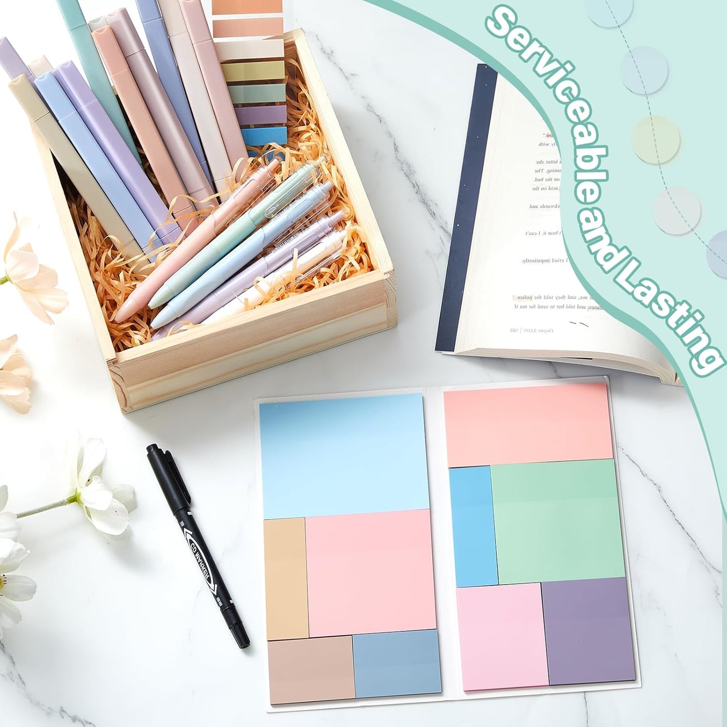 Jutom 38 Pcs Book Annotation Kit Aesthetic Highlighters Gel Pens Set Sticky Notes Tabs Markers Dual Ended Highlighter Quick Dry Ink Pens for Office Annotating Books(Light Color,Square)