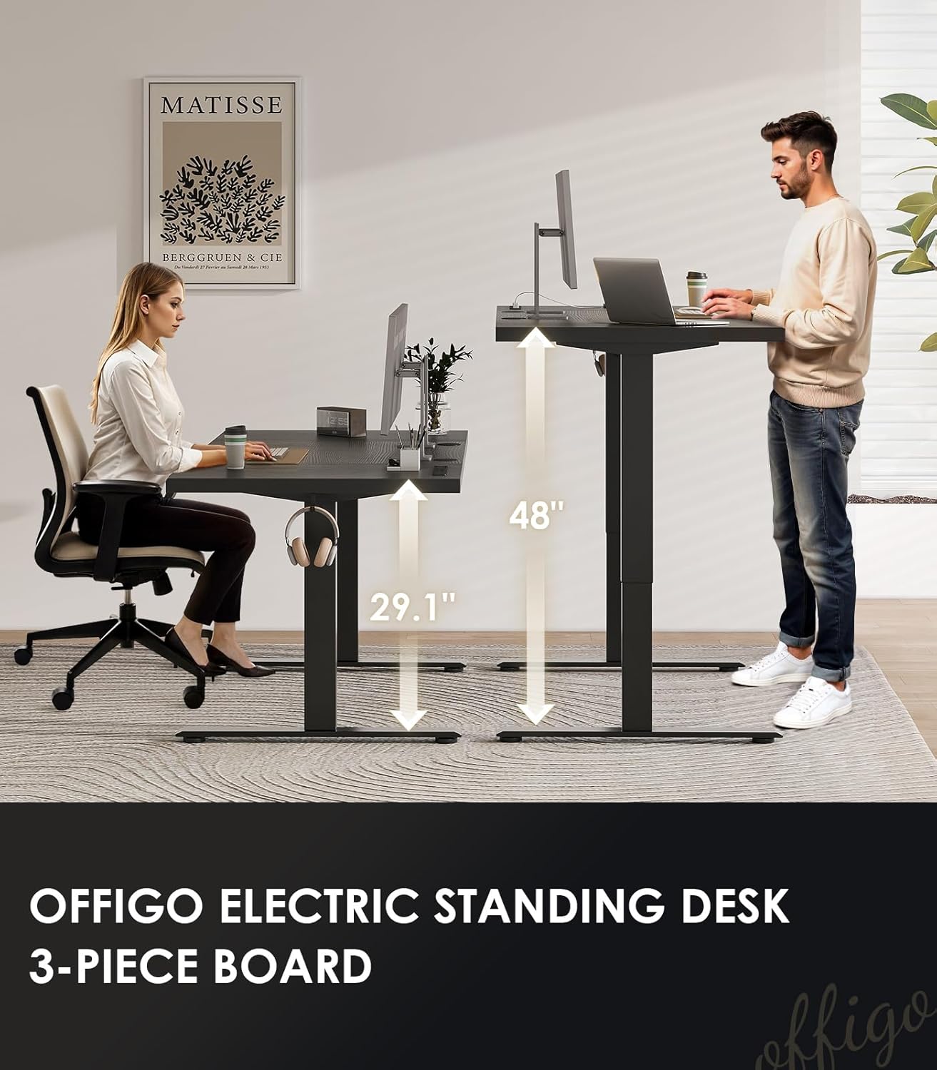 OffiGo Electric Standing Desk with 3-Piece Board, 79 Inch Height Adjustable Large Desk with Power Outlets, Sit Stand Table, Writing Computer Desk for Home, Office, Workstation, Black