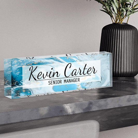 Name Plate for Desk Personalized, Acrylic Desk Decorations, Employee Appreciation Gifts, Custom Office Gifts for Coworkers, Boss, Teacher, Nurse (Blue Gold Marble)